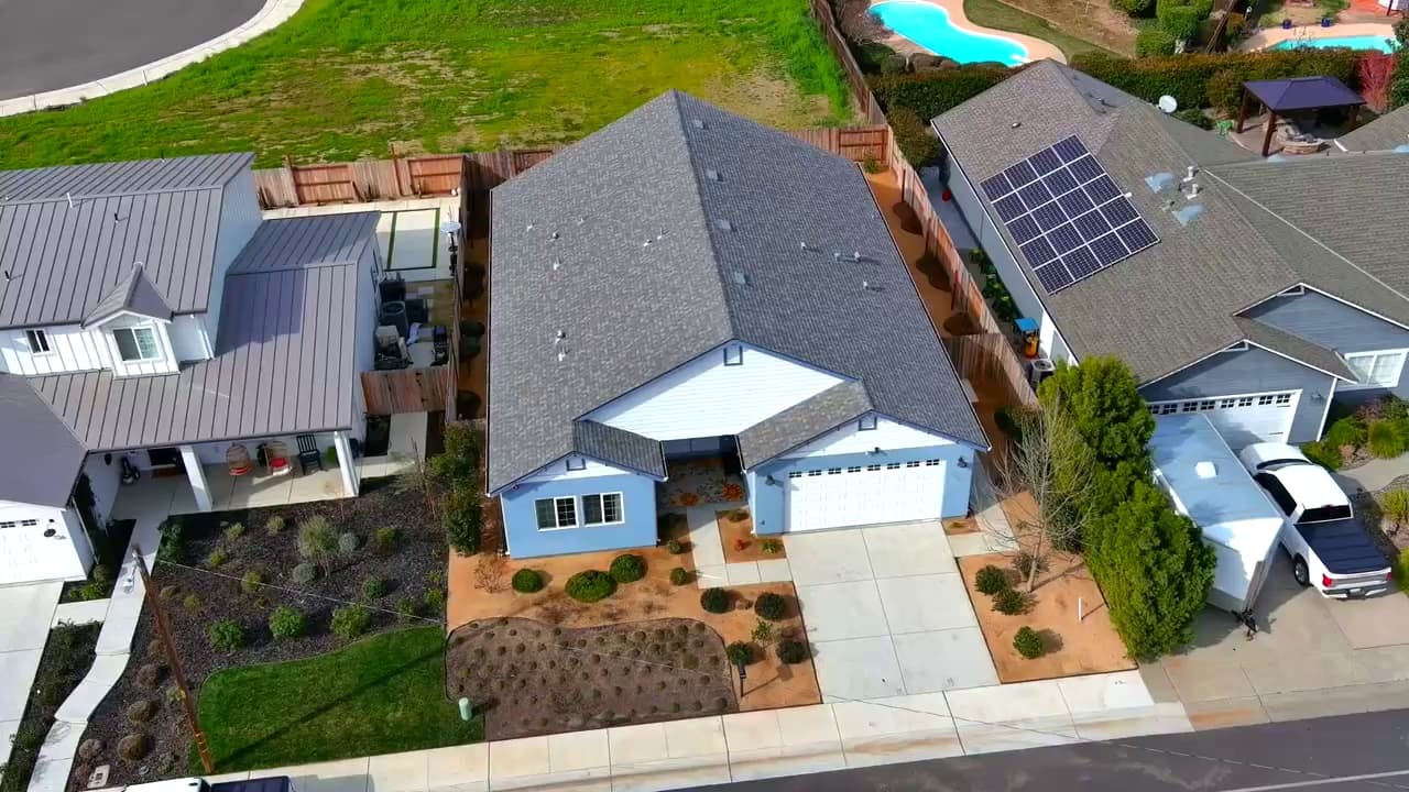 Aerial drone view of completed new construction home in Winters CA — Keystone Building Services